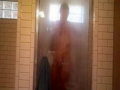 Old *** sitter viigorously rubbing clit and asshole in shower