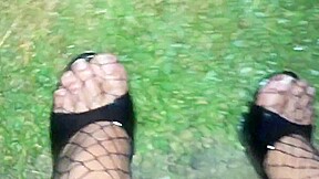 Outdoor Cum on Feet in High Heels & Fishnet Catsuit