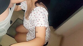Outdoor Dirty Step mom Quickly Sucks Her Lovers Cock In Front On The Door