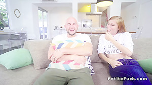 Petite chestnut blows and fucks huge dick