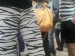 Public cameltoe in skintight zebra pants