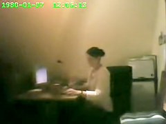 Raunchy security cam masturbation from the office cutie