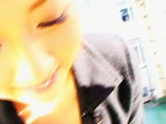 Red haired Japanese girl tricked into showing her cleveage