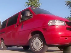 Redhead hard fucked in van in public