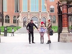 Redhead slave deep throat fucked in public
