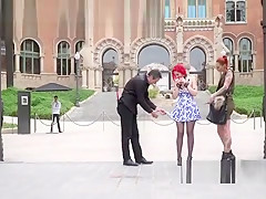 Redhead slave deep throat fucked in public