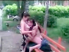 Russian hookers in underwear hook up on a public bench