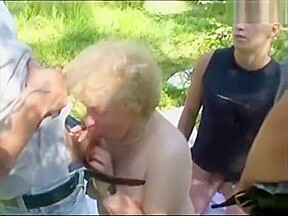 Russian old women gets fucked by three guys