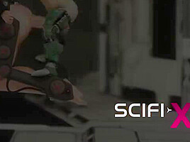 Sex android plays with a sexy busty hottie in restraints in a spacecraft