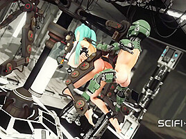 Sex android plays with a sexy busty hottie in restraints in a spacecraft