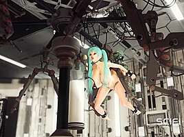Sex android plays with a sexy busty hottie in restraints in a spacecraft
