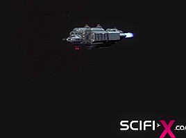 Sex android plays with a sexy busty hottie in restraints in a spacecraft