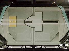 Sex android plays with a sexy busty hottie in restraints in a spacecraft