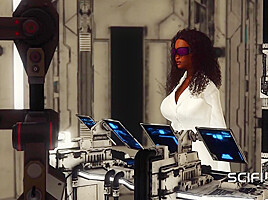 Sex android plays with a sexy busty hottie in restraints in a spacecraft