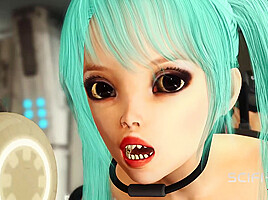 Sex android plays with a sexy busty hottie in restraints in a spacecraft