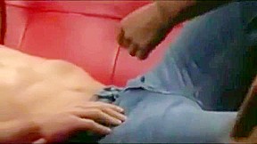 Shay Fox has sex with a guy on a red leather couch