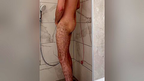 Showering In Hotel 21 Years Old Hairy Muscular Twink With Huge Uncut Dick
