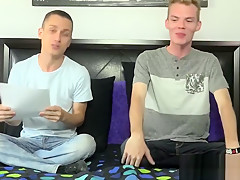 Skinny blond twink interviewed before tugging his fat cock