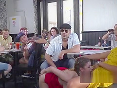 Slave in red dress disgraced in bar