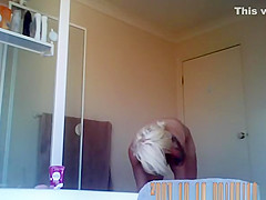 Small boobs tattooed chick caught in bathroom