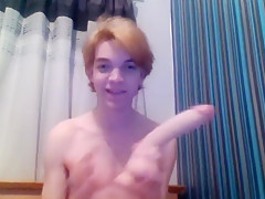 Smooth twink teen 18+ locked in chastity sucks and fucks tight ass with dildo