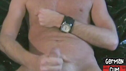 Stroking stud cums and invites studs to lick his cum in 3way