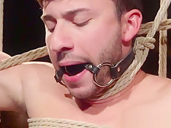 Suspended bdsm sub jerked by ginger maledom