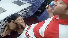 Sweet brunette with pigtails blows and fucks a long shaft
