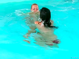 The girls take a swim and wrestle in the pool ( 1)