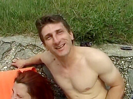 Two Friends Fuck Chubby Milf In The Field