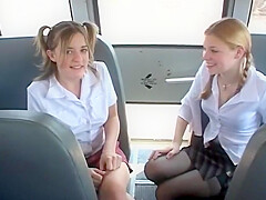 Two Naughty schoolgirls 18+ Suck The Bus Drivers Hard Dick In The Back Seat