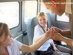 Two Naughty schoolgirls 18+ Suck The Bus Drivers Hard Dick In The Back Seat