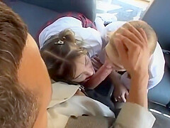 Two Naughty schoolgirls 18+ Suck The Bus Drivers Hard Dick In The Back Seat