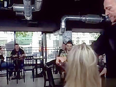 Two sluts group banged in public bar