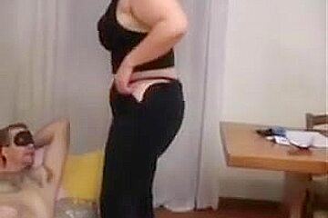 Youthful masked big beautiful woman and mature chap