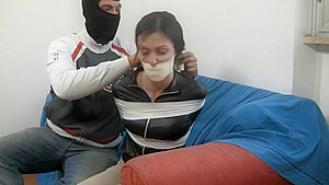 microfoam gagged and tape bound in leather jacket and boots