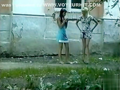 teen 18+ blonde in a dress pees in public
