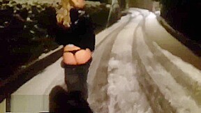 young french girl who shows off in the street under the snow and sucks me